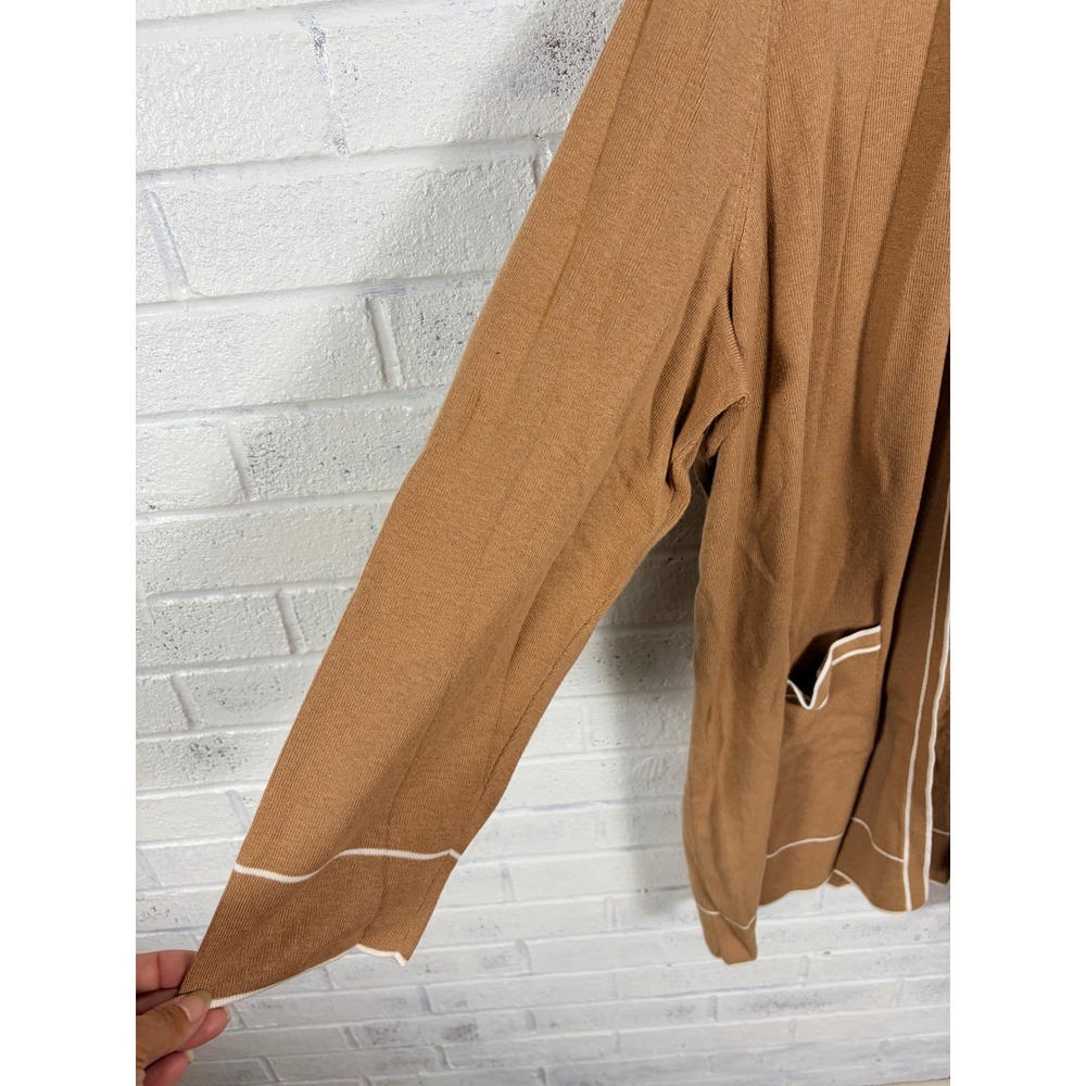 Talbots Open Front Cardigan Womens 3XP Brown White Trim Knit Pocket Stretch - Picture 7 of 9